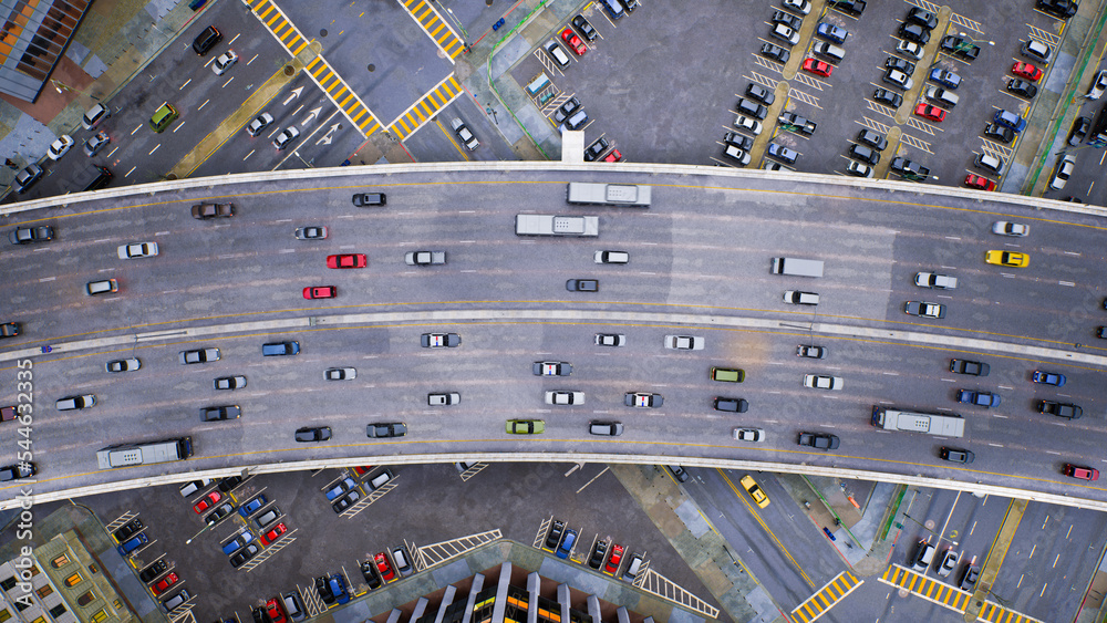 运动交通车和停车场鸟瞰图，三维渲染