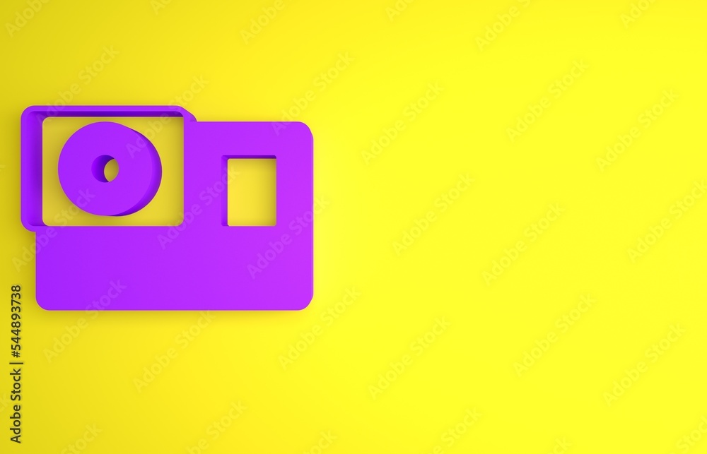 紫色动作极限摄像机图标隔离在黄色背景上。用于拍摄的摄像机设备