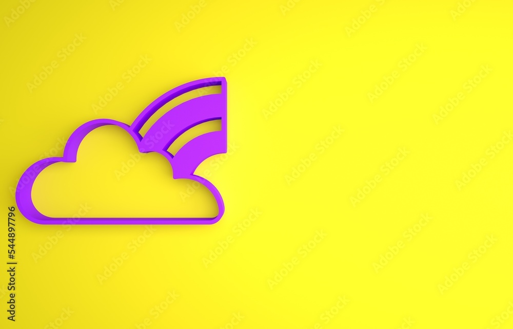 Purple Rainbow with clouds icon isolated on yellow background. Minimalism concept. 3D render illustr