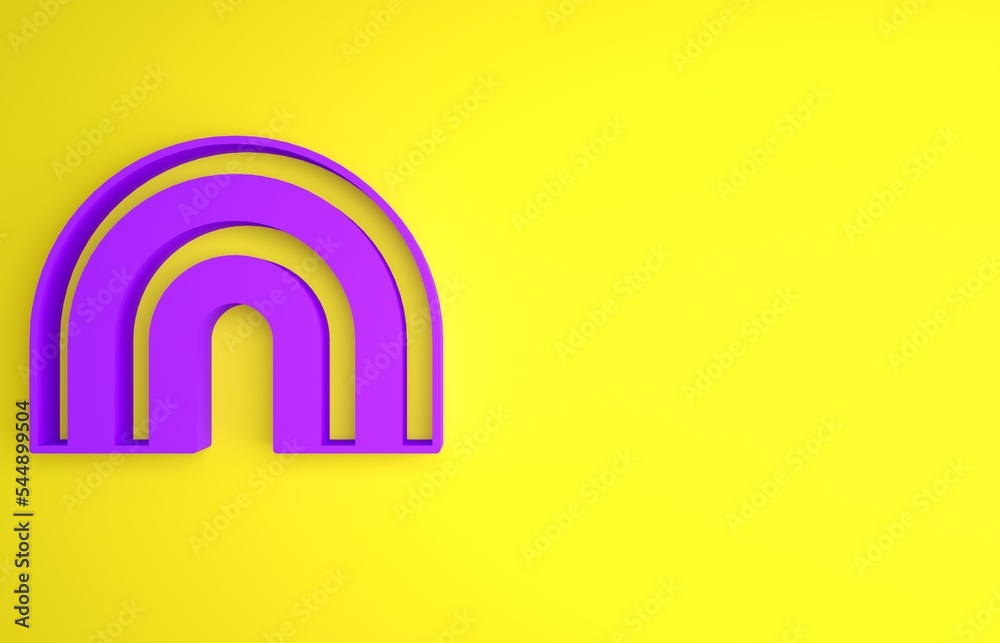 黄色背景上隔离的紫色彩虹图标。极简主义概念。3D渲染插图
