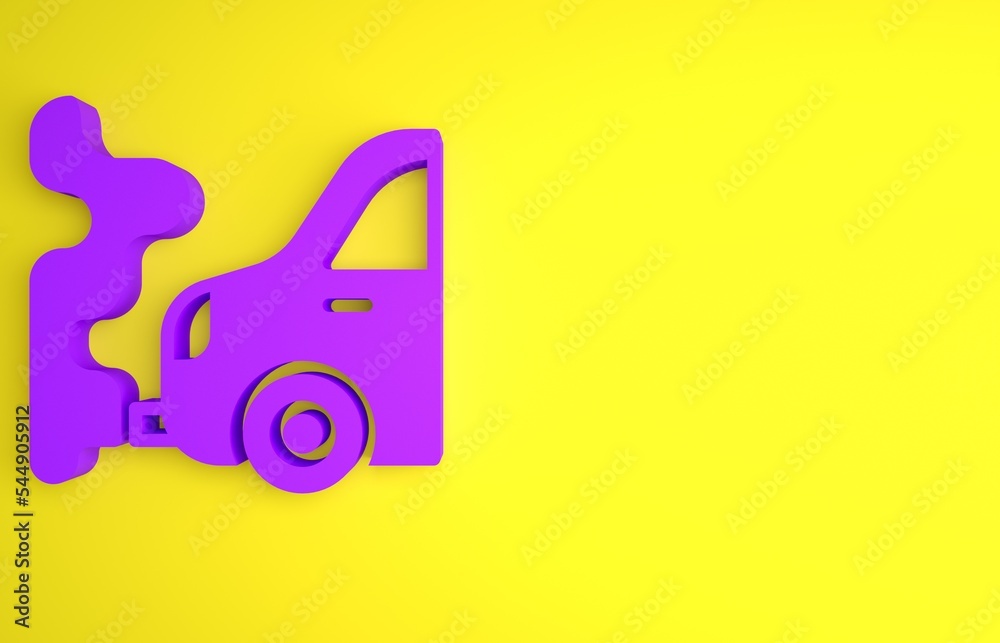 黄色背景上隔离的紫色汽车排气图标。极简主义概念。3D渲染图