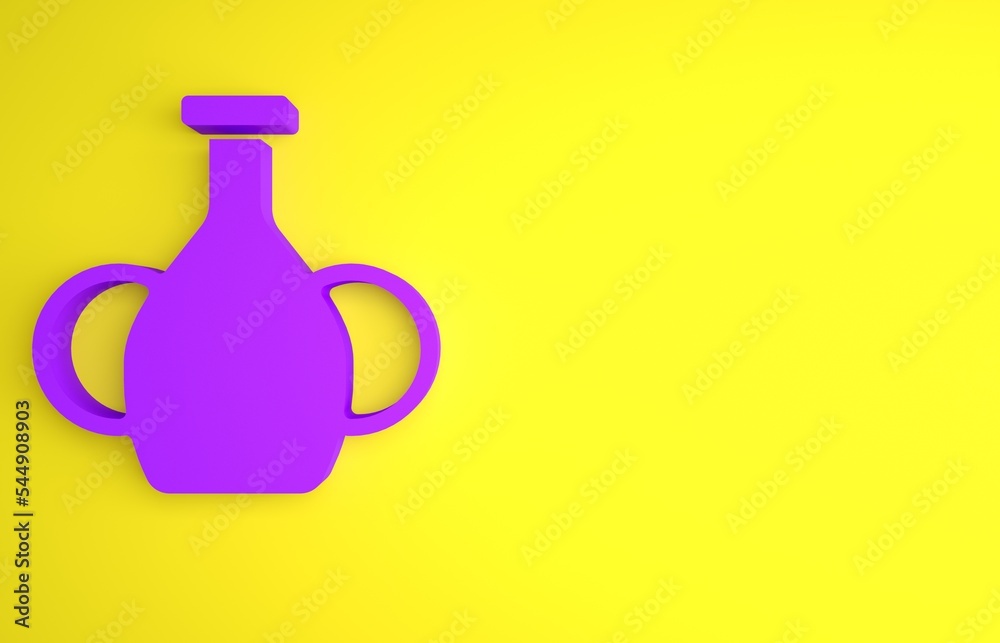 黄色背景上的紫色花瓶图标。极简主义概念。3D渲染插图