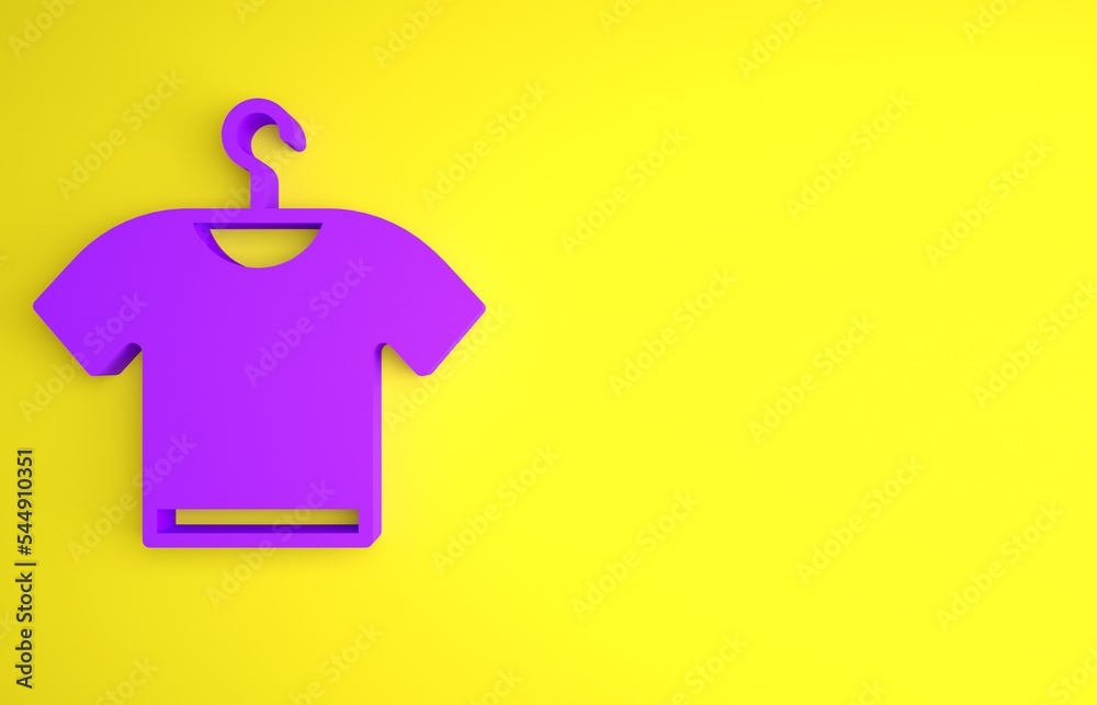 黄色背景上隔离的紫色T恤图标。极简主义概念。3D渲染插图