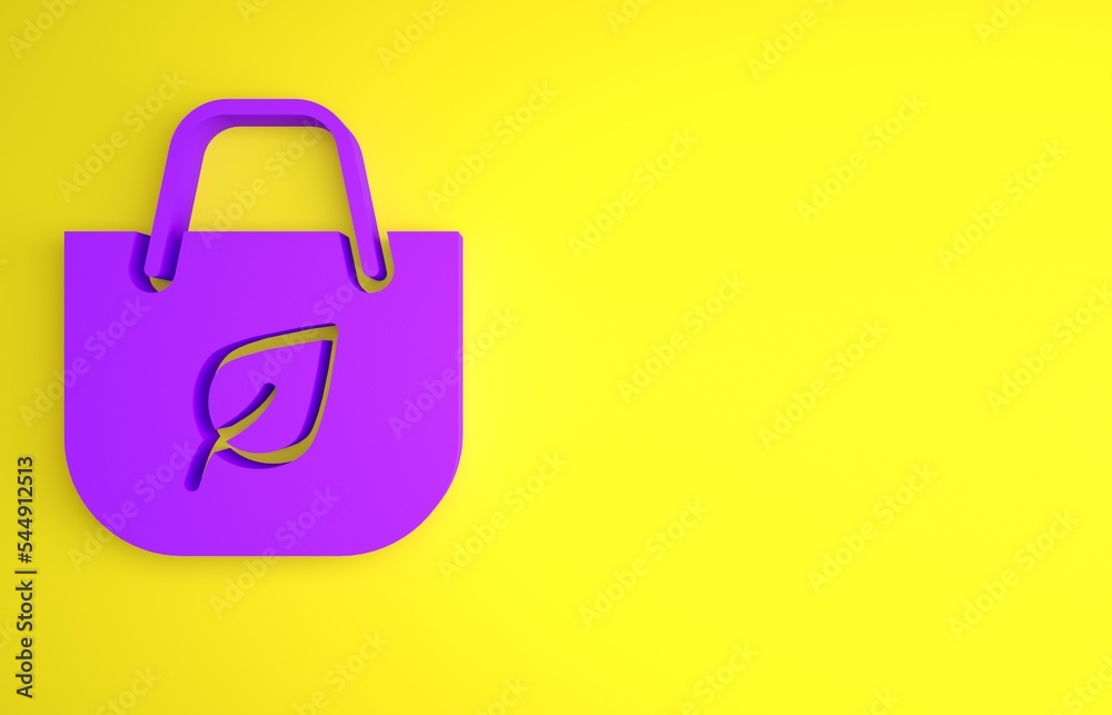 黄色背景上隔离有回收图标的紫色纸袋。带有回收符号的袋子