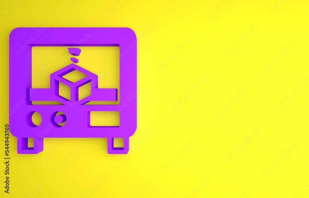 紫色3D打印机图标隔离在黄色背景上。3D打印。极简主义概念。3D渲染病态