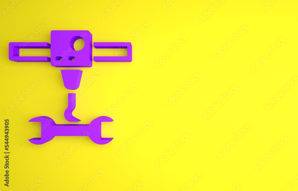 黄色背景上隔离的紫色3D打印机扳手图标。3D打印。极简主义概念