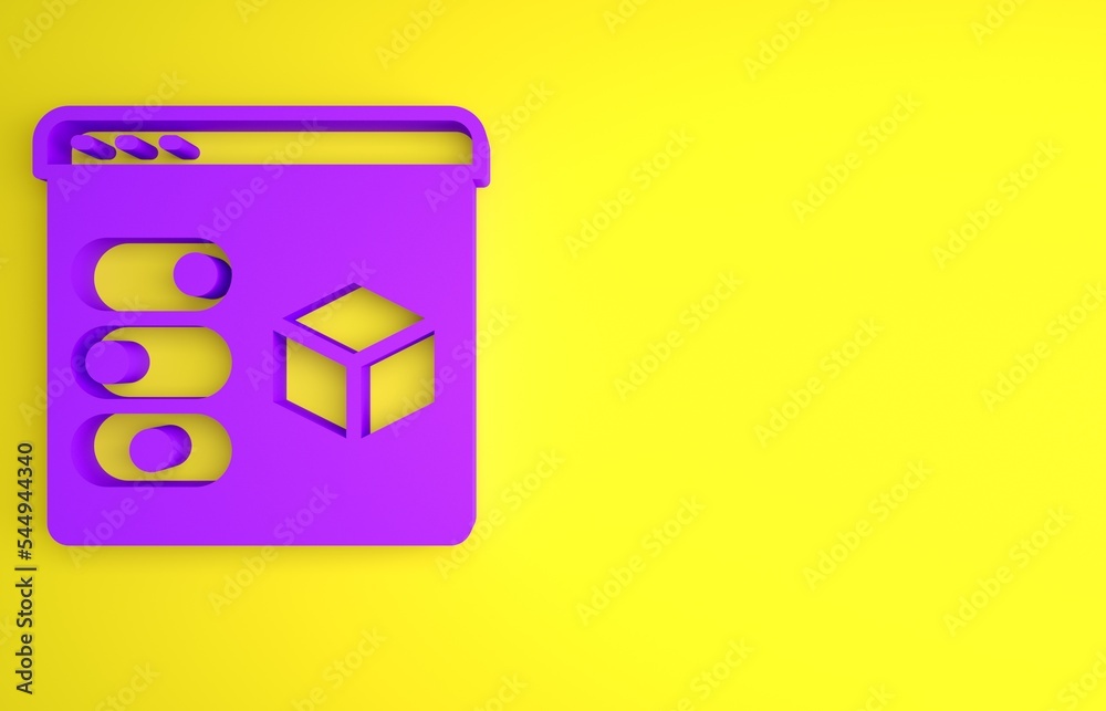 黄色背景上隔离的紫色3D打印机图标。3D打印。极简主义概念。3D渲染不良