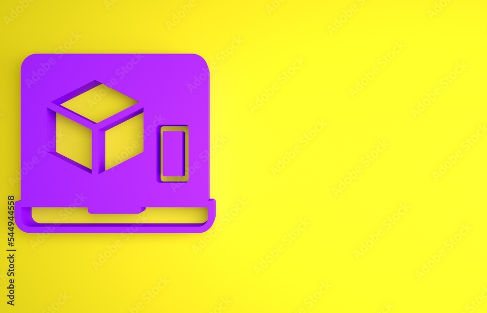紫色3D打印机图标隔离在黄色背景上。3D打印。极简主义概念。3D渲染病态