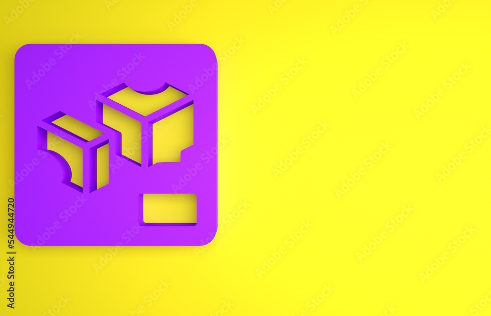 黄色背景上隔离的紫色3D打印机图标。3D打印。极简主义概念。3D渲染不良