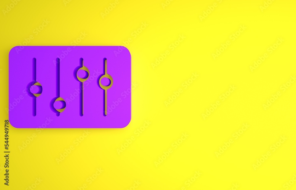 紫色混音器控制器图标隔离在黄色背景上。Dj设备滑块按钮。混音