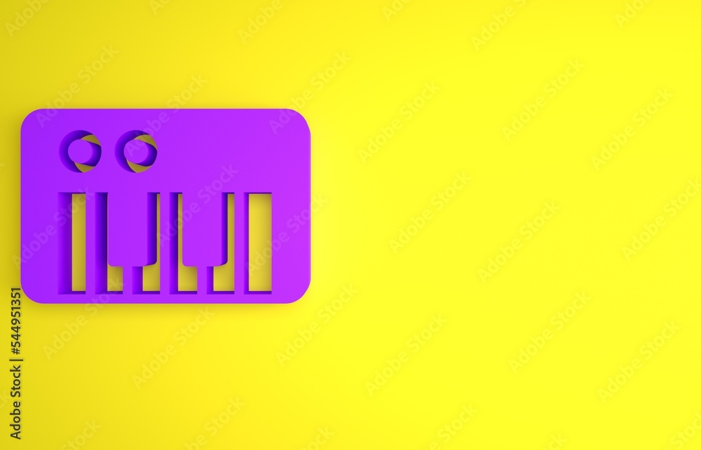 紫色音乐合成器图标隔离在黄色背景上。电子钢琴。极简主义概念。3