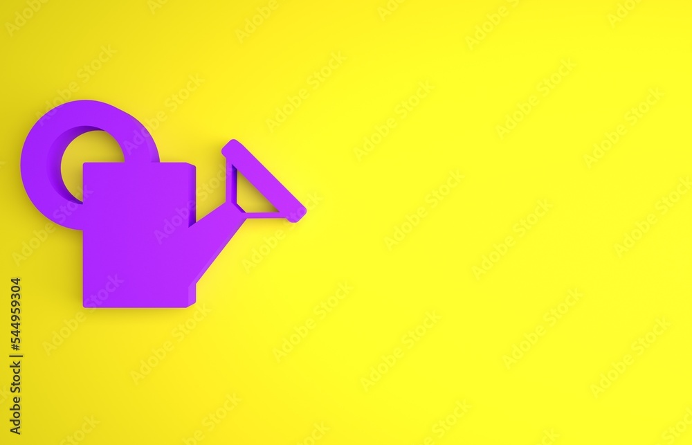 紫色浇水罐图标隔离在黄色背景上。灌溉符号。极简主义概念。3D re