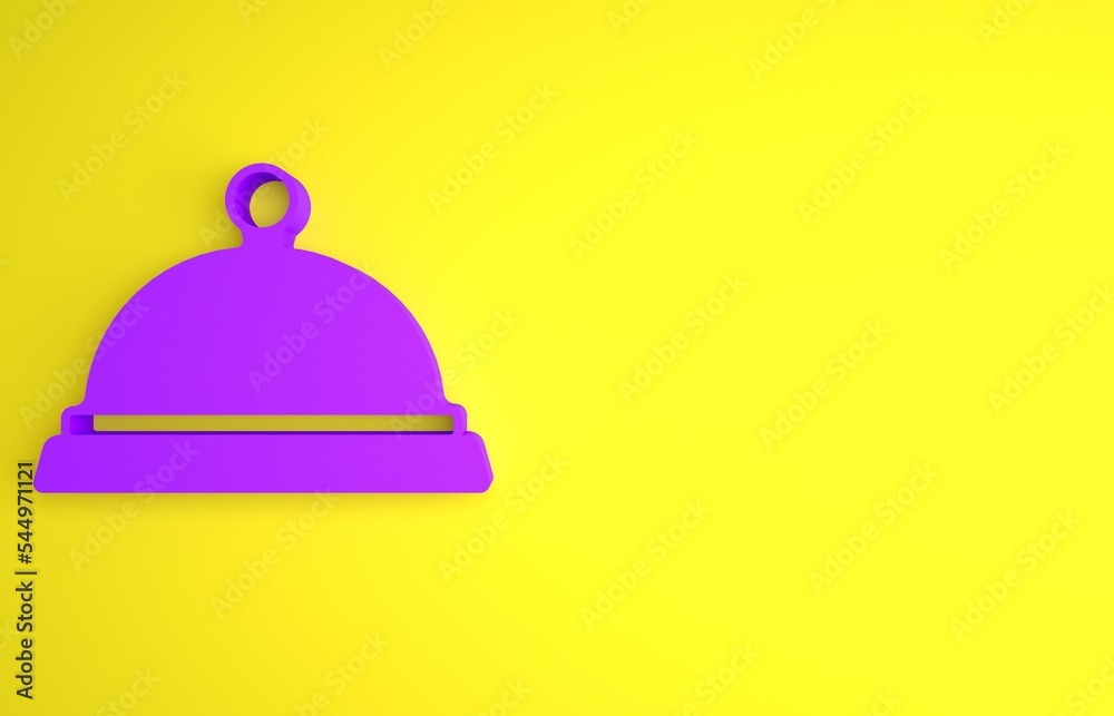 紫色覆盖着一盘黄色背景上隔离的食物图标。托盘和盖子标志。餐厅