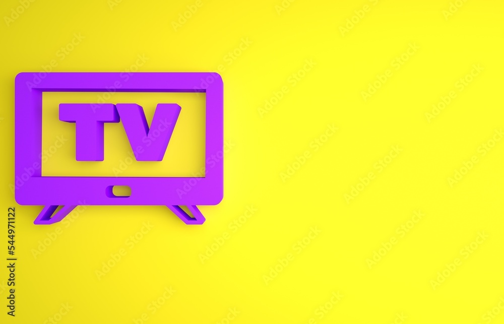 黄色背景上隔离的紫色智能电视图标。电视标志。极简主义概念。3D渲染i