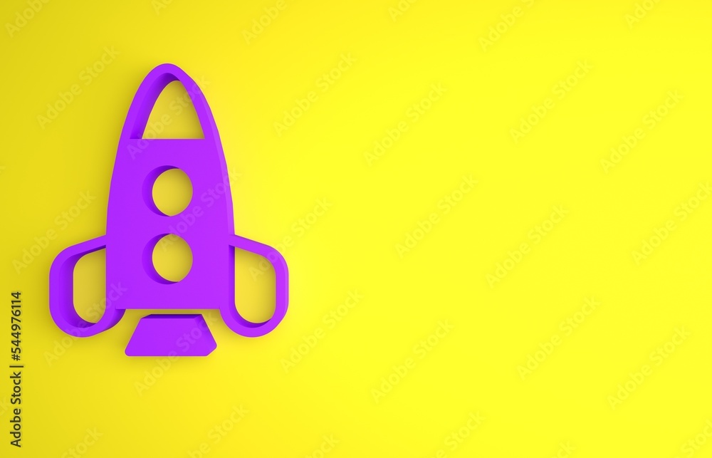 黄色背景上孤立的紫色火箭飞船玩具图标。太空旅行。极简主义概念。3D趋势