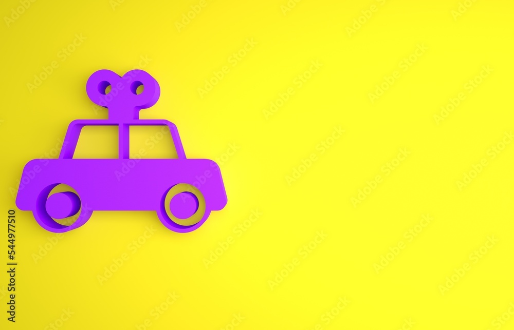 黄色背景上隔离的紫色玩具车图标。极简主义概念。3D渲染插图