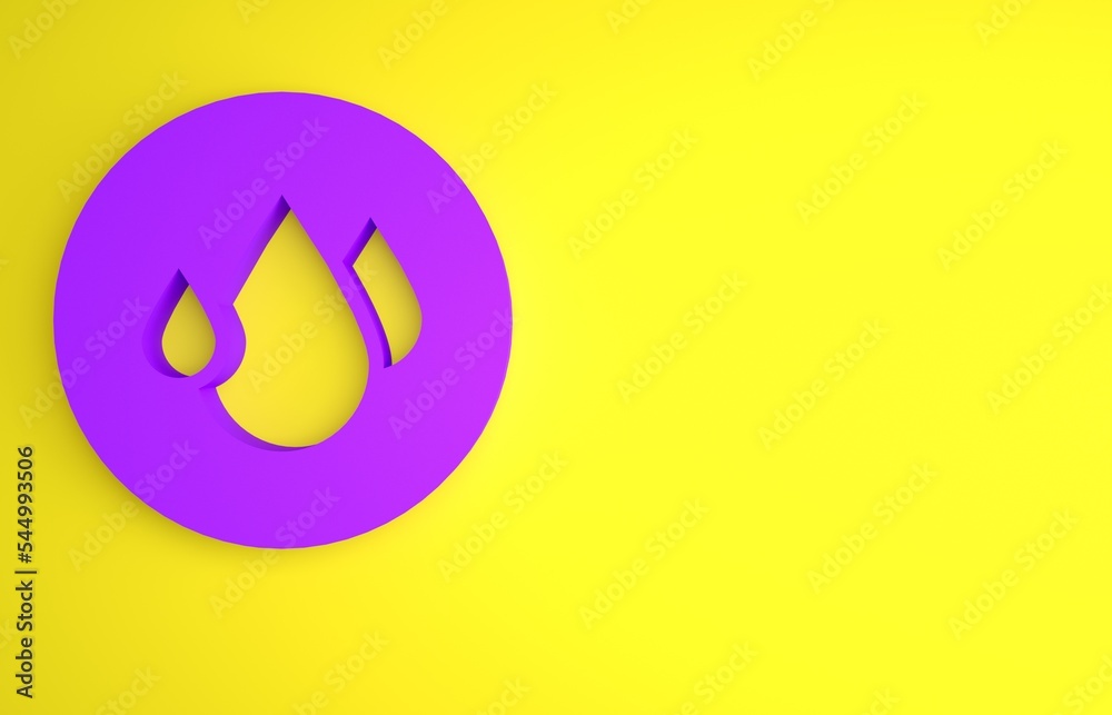 黄色背景上隔离的紫色水滴图标。极简主义概念。3D渲染插图