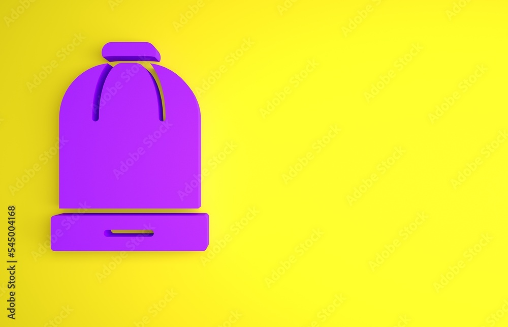 黄色背景上隔离的紫色冬季帽子图标。极简主义概念。3D渲染插图