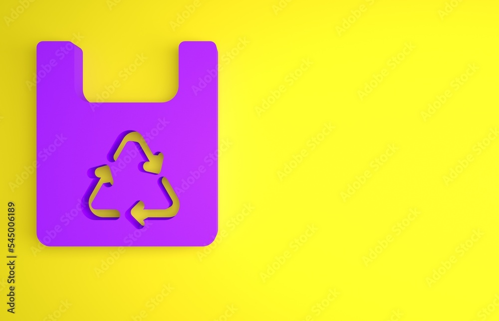 黄色背景上隔离有回收图标的紫色纸袋。带有回收符号的袋子