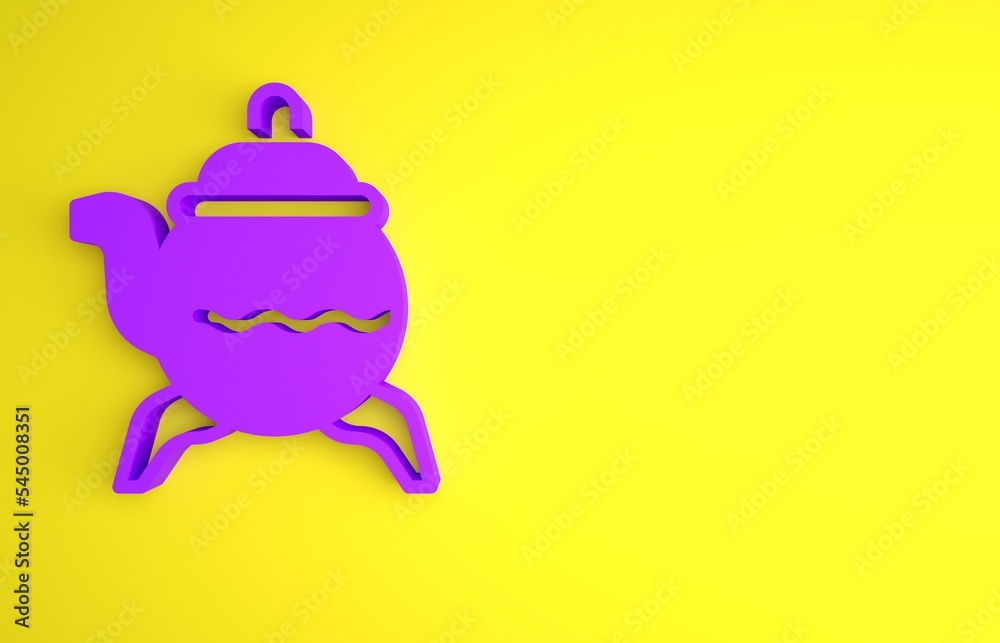 黄色背景上的紫色经典茶壶图标。极简主义概念。3D渲染插图