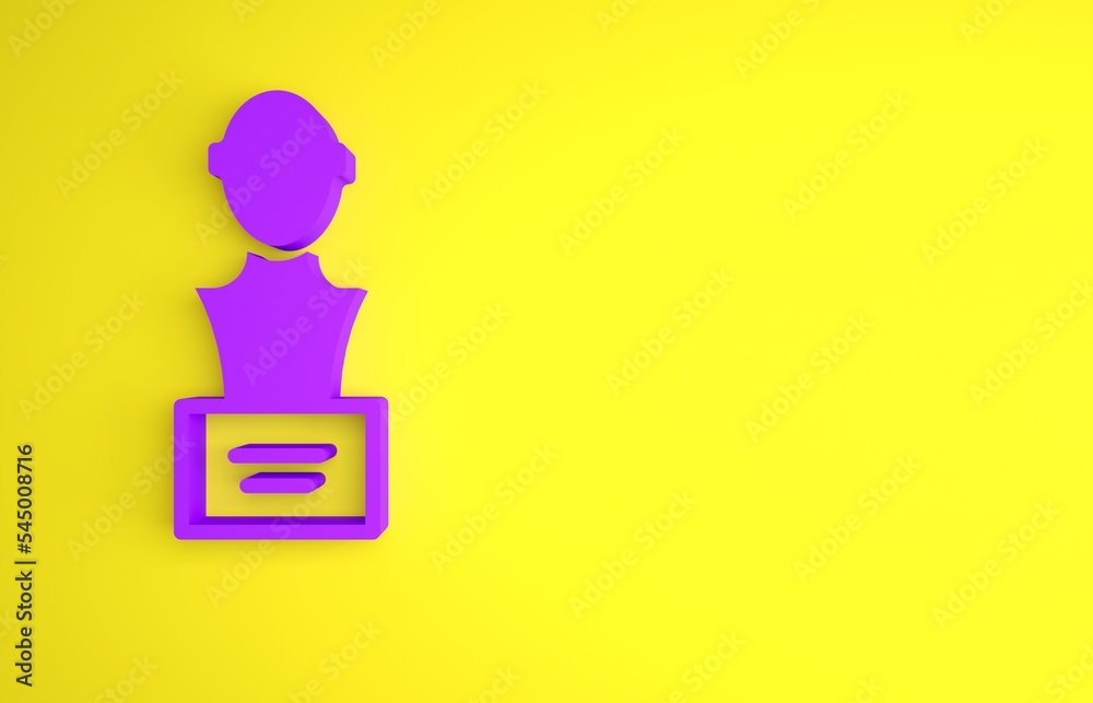 黄色背景上的紫色石膏头像半身像图标。极简主义概念。3D渲染