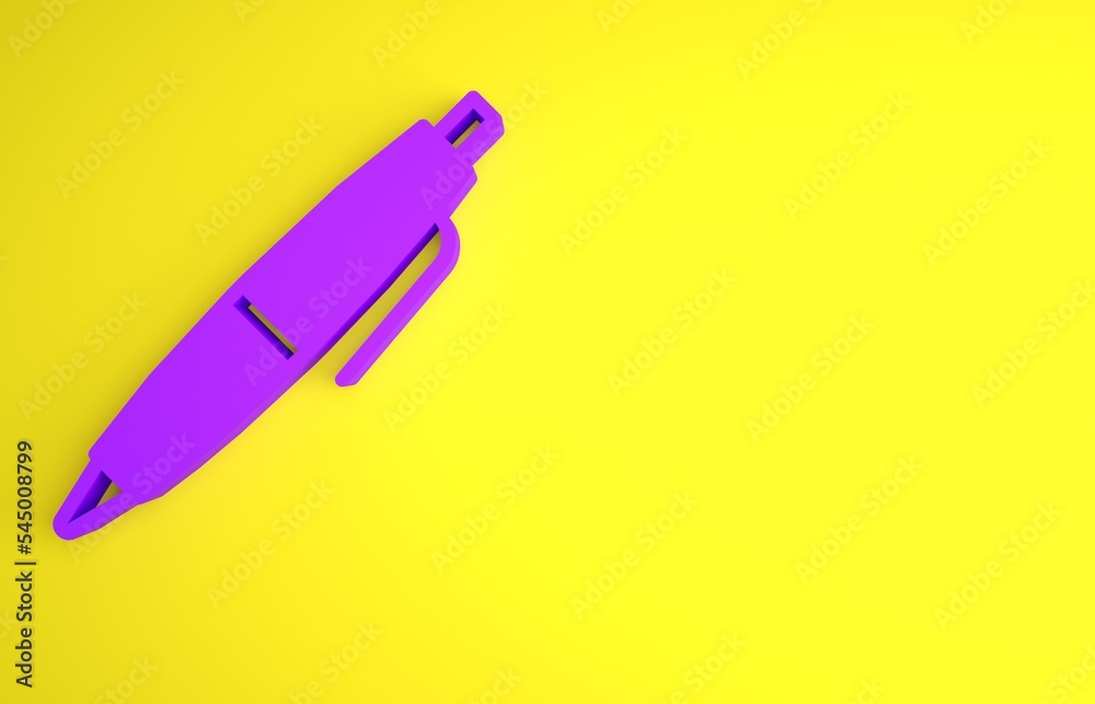 紫色笔图标隔离在黄色背景上。极简主义概念。3D渲染插图