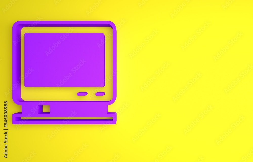 紫色复古电视图标隔离在黄色背景上。电视标志。极简主义概念。3D渲染i