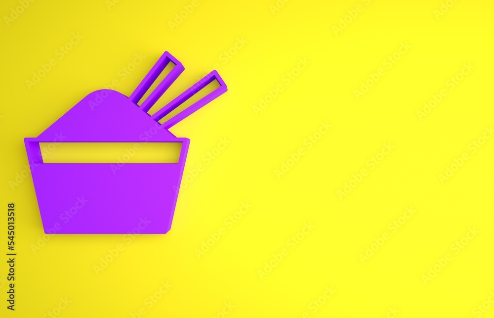 碗里的紫米，黄色背景上有筷子图标。传统亚洲食物。Min