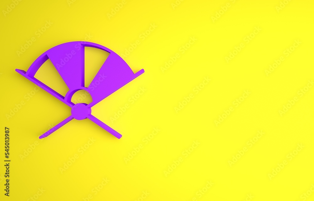 紫色传统纸质中国或日本折扇图标，黄色背景隔离。最小