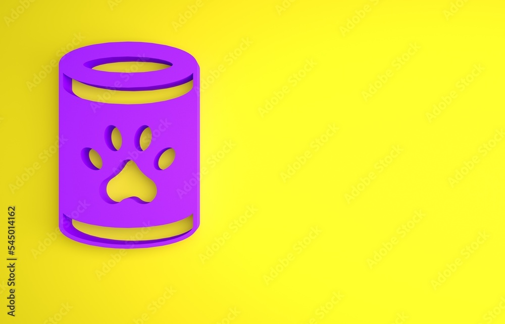 黄色背景上隔离的紫色罐头食品图标。动物食品。宠物食品罐。极简主义co