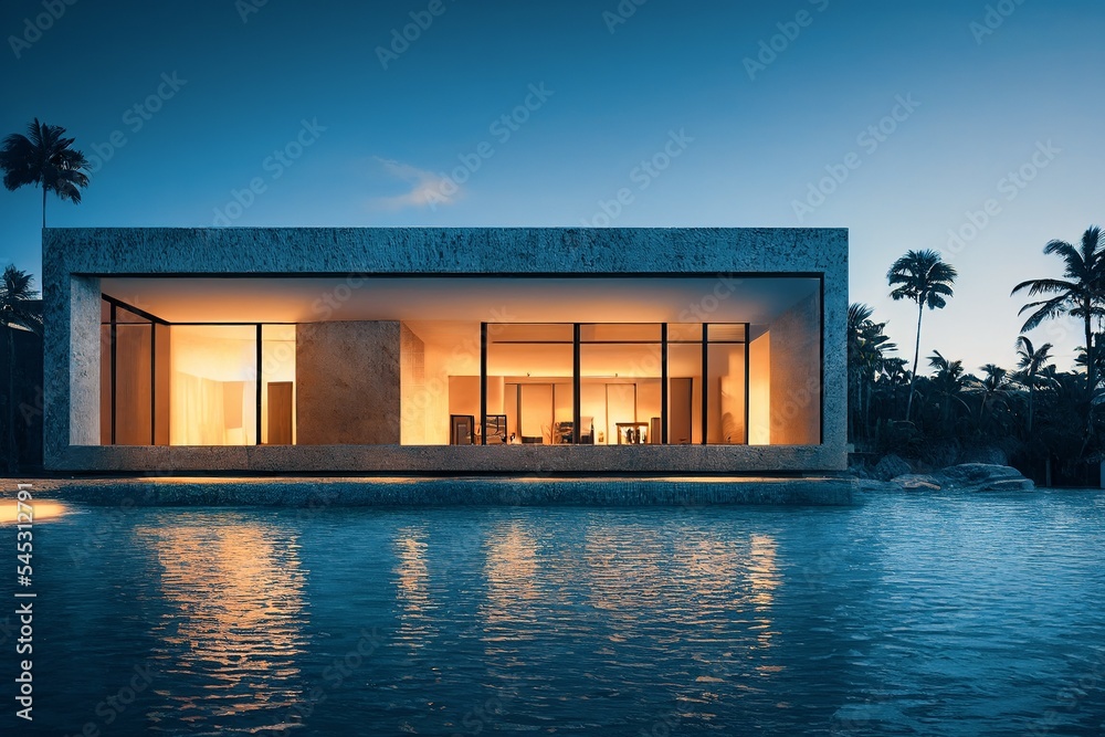 豪华泳池别墅壮观的当代设计3D插图数字艺术房地产，家，ho