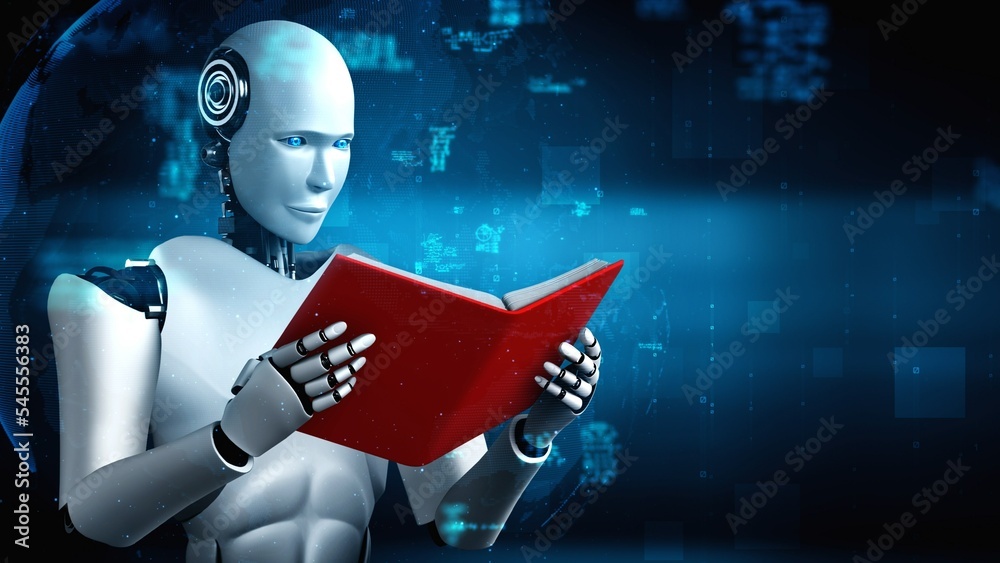 未来垫概念中机器人类人阅读书籍和解决数学数据分析的3D渲染