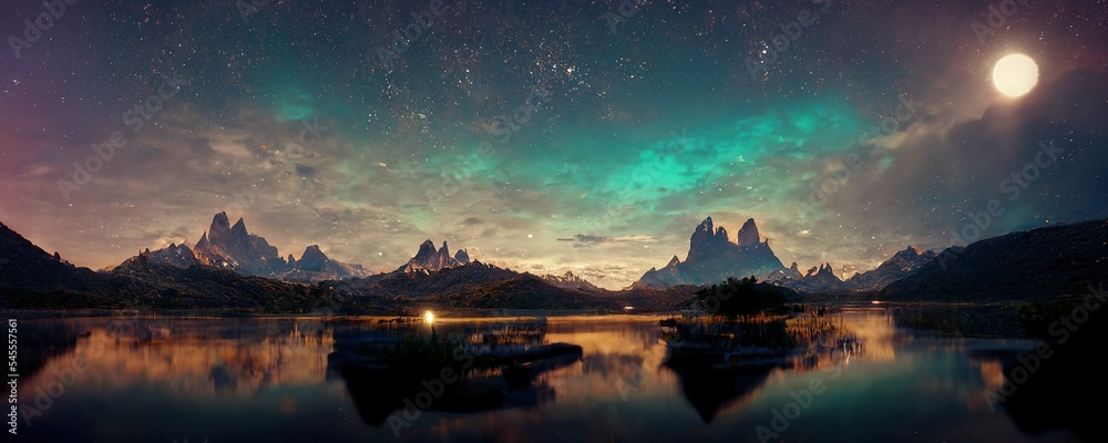 星光闪烁的夜晚，美丽的山和湖的壮观自然背景，