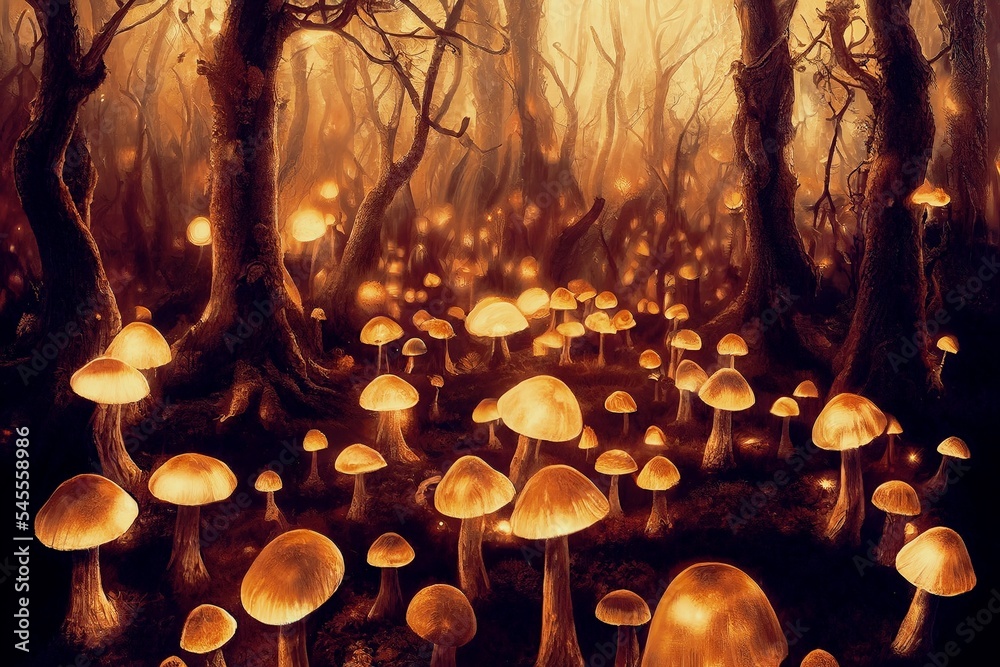 壮观的梦幻森林，红色的灯光为风景，发光的蘑菇四处传播提供光线