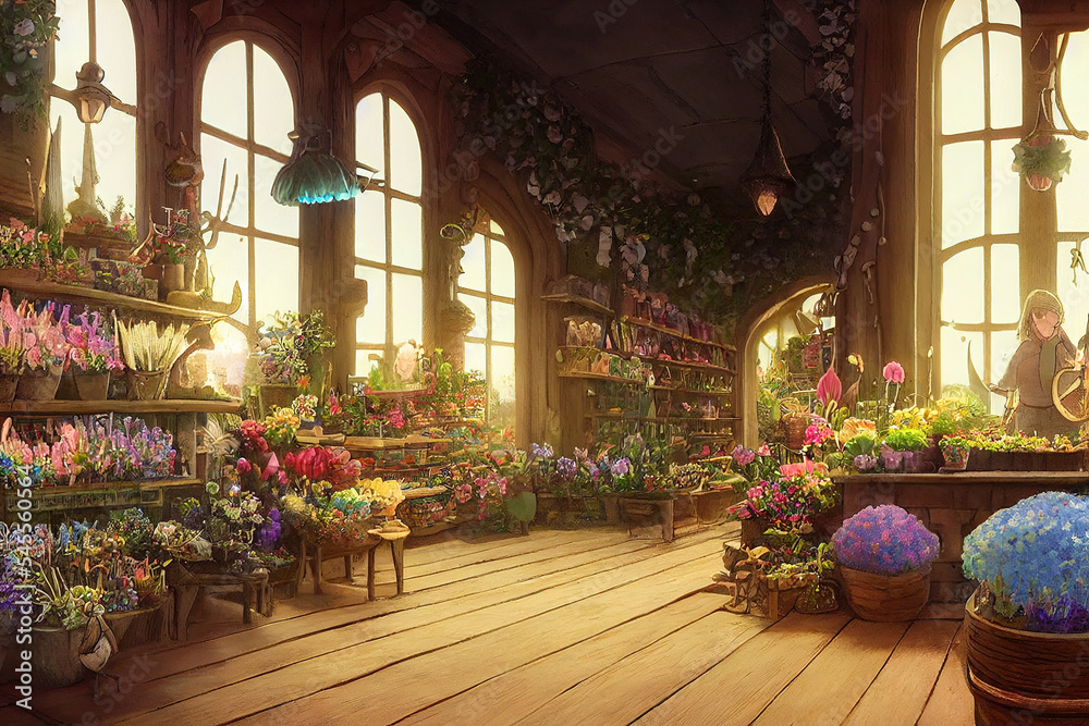 中世纪幻想中的花店内部，有着童话般的花朵智慧般的色彩温暖的光线