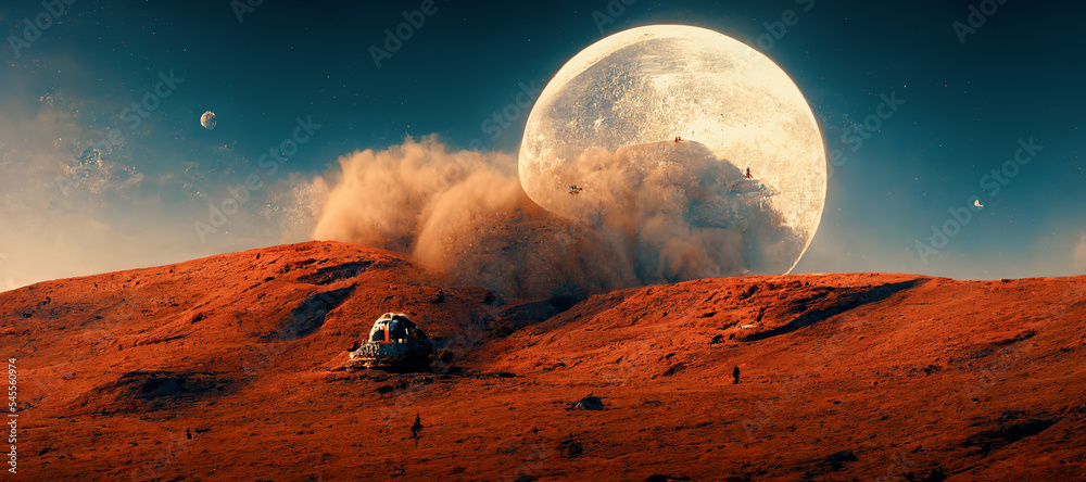 壮观的火星景观全景，稀薄的大气层地平线天空，以及da期间的明亮月亮
