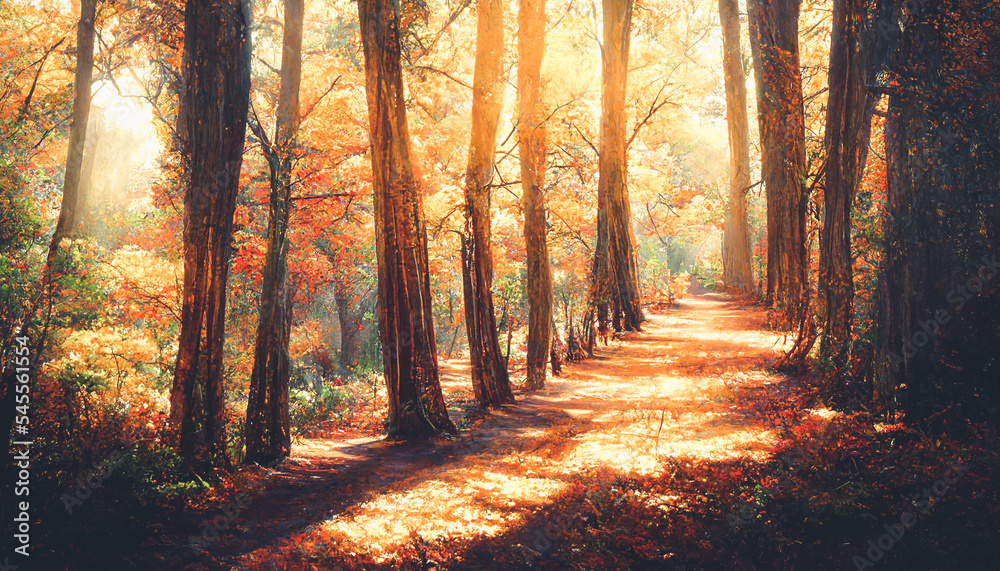 茂密的森林里有壮观的温暖明亮的秋色，黄色的叶子从t上落下