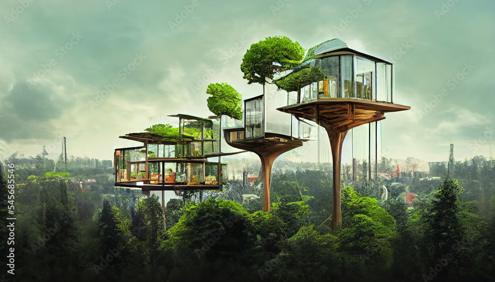 具有可持续食物和能源的环保现代树屋的壮观概念艺术