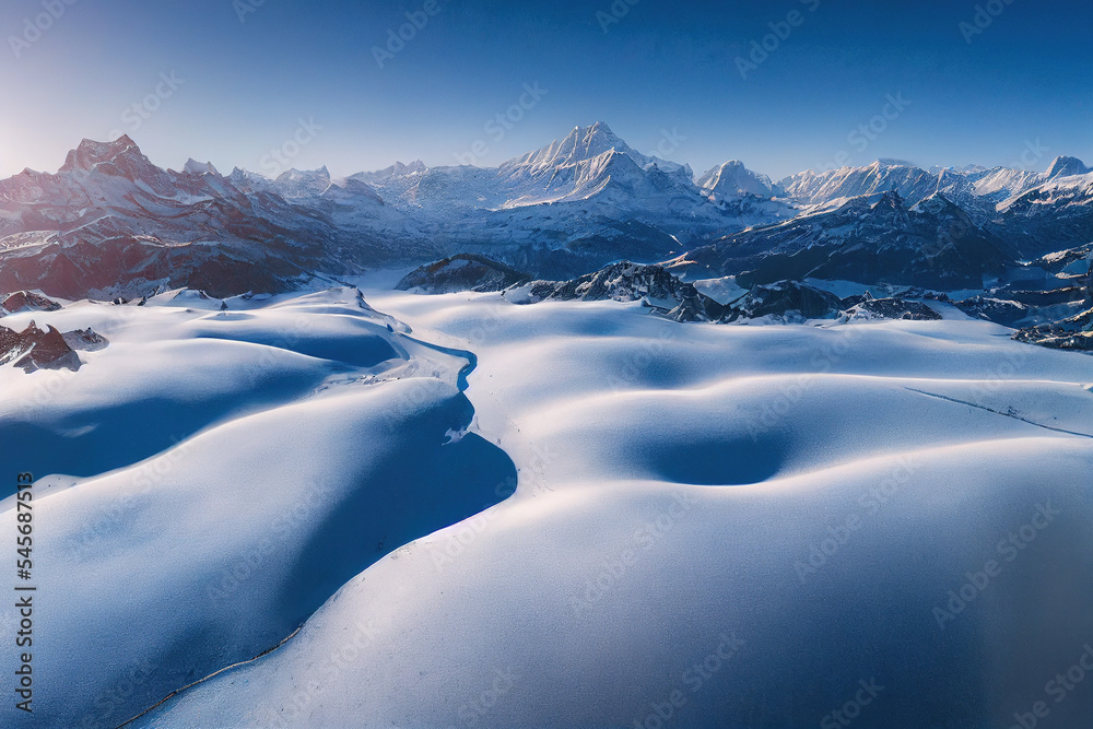 无人机拍摄的雪山鸟瞰图，展示冬季山脉壮观的高山景观