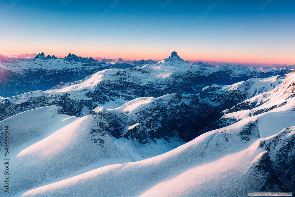无人机拍摄的雪山鸟瞰图，展示了冬季山脉壮观的高山景观