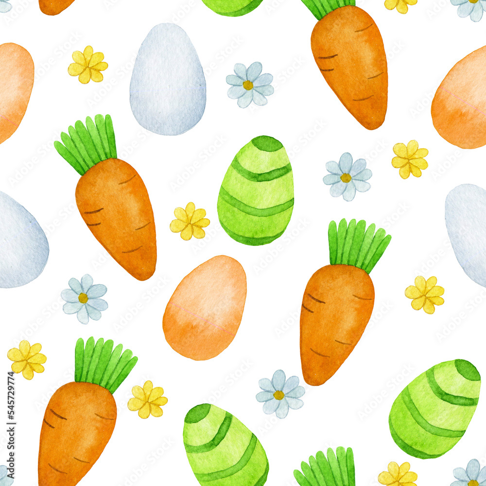 复活节水彩无缝图案。可爱的胡萝卜印花和复活节彩蛋和花朵