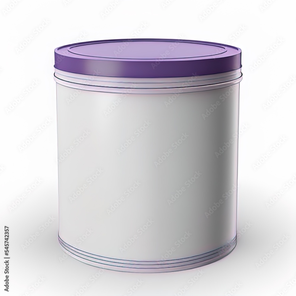 圆形白色锡罐，紫色塑料盖，装茶、咖啡、糖的容器的3D逼真渲染图
