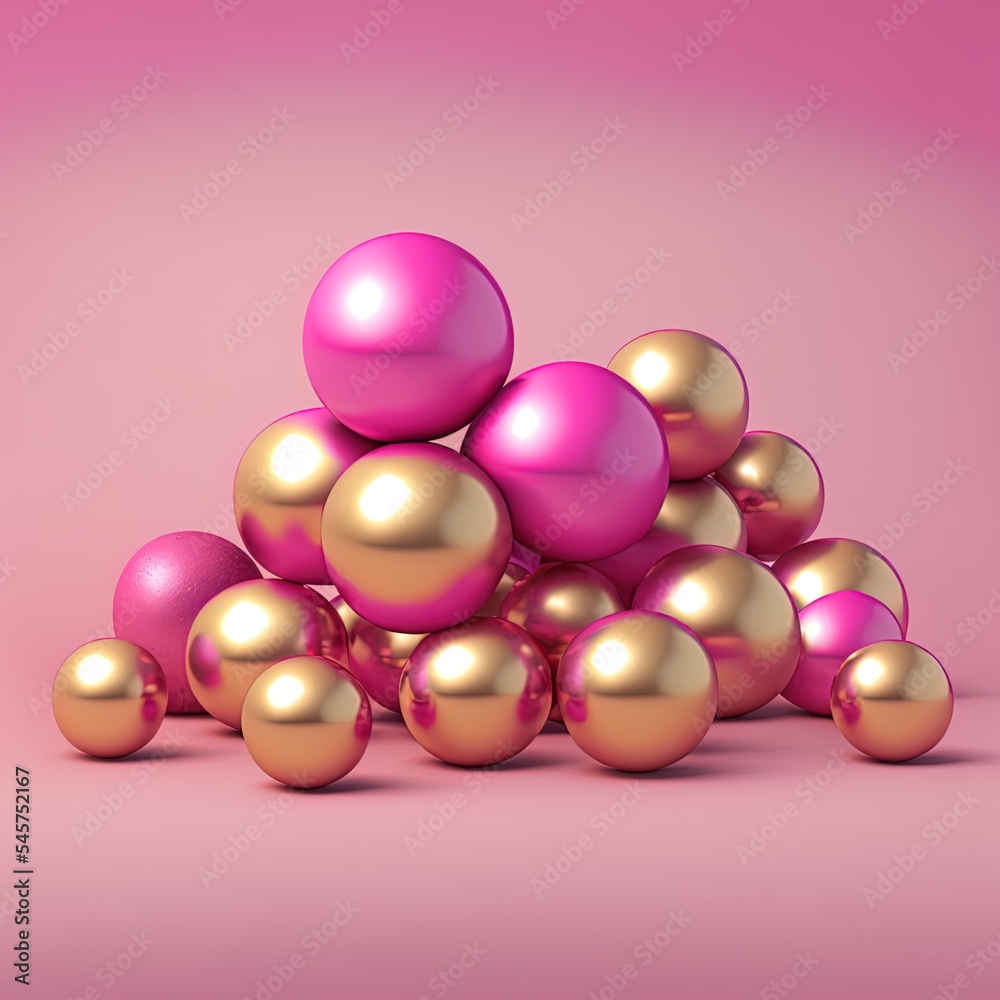 粉色背景下彩色粉色和金色球体的3D渲染。高级实物模型背景
