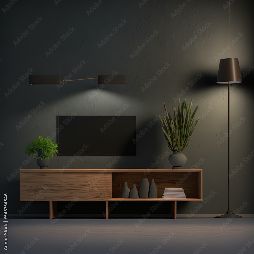 空室内的柜式电视，带木架子、灯、植物和桌木的深色墙壁，3d效果图