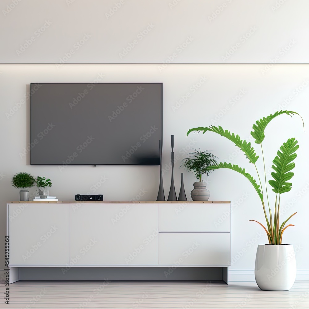 现代客厅橱柜上的电视，白墙背景植物，3d渲染