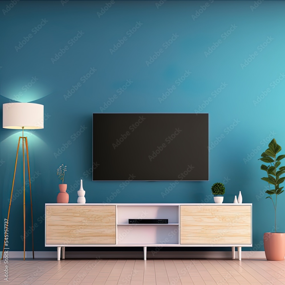 蓝色墙壁背景的现代客厅橱柜上的电视，三维渲染