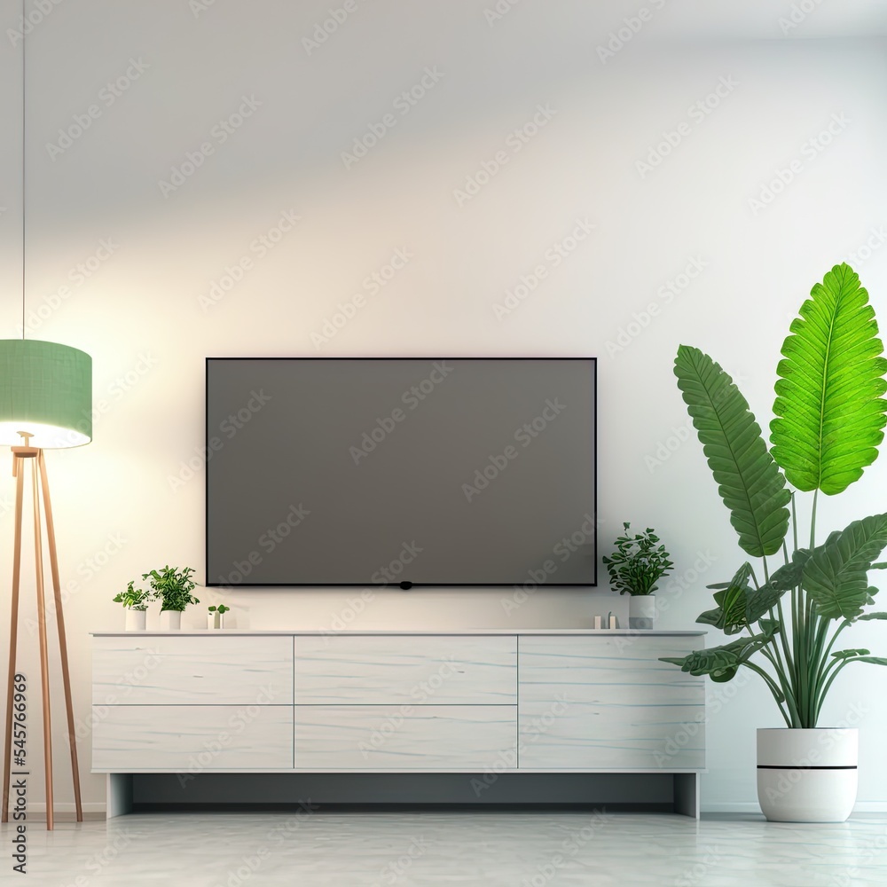 现代客厅橱柜上的电视，白墙背景植物，3d渲染