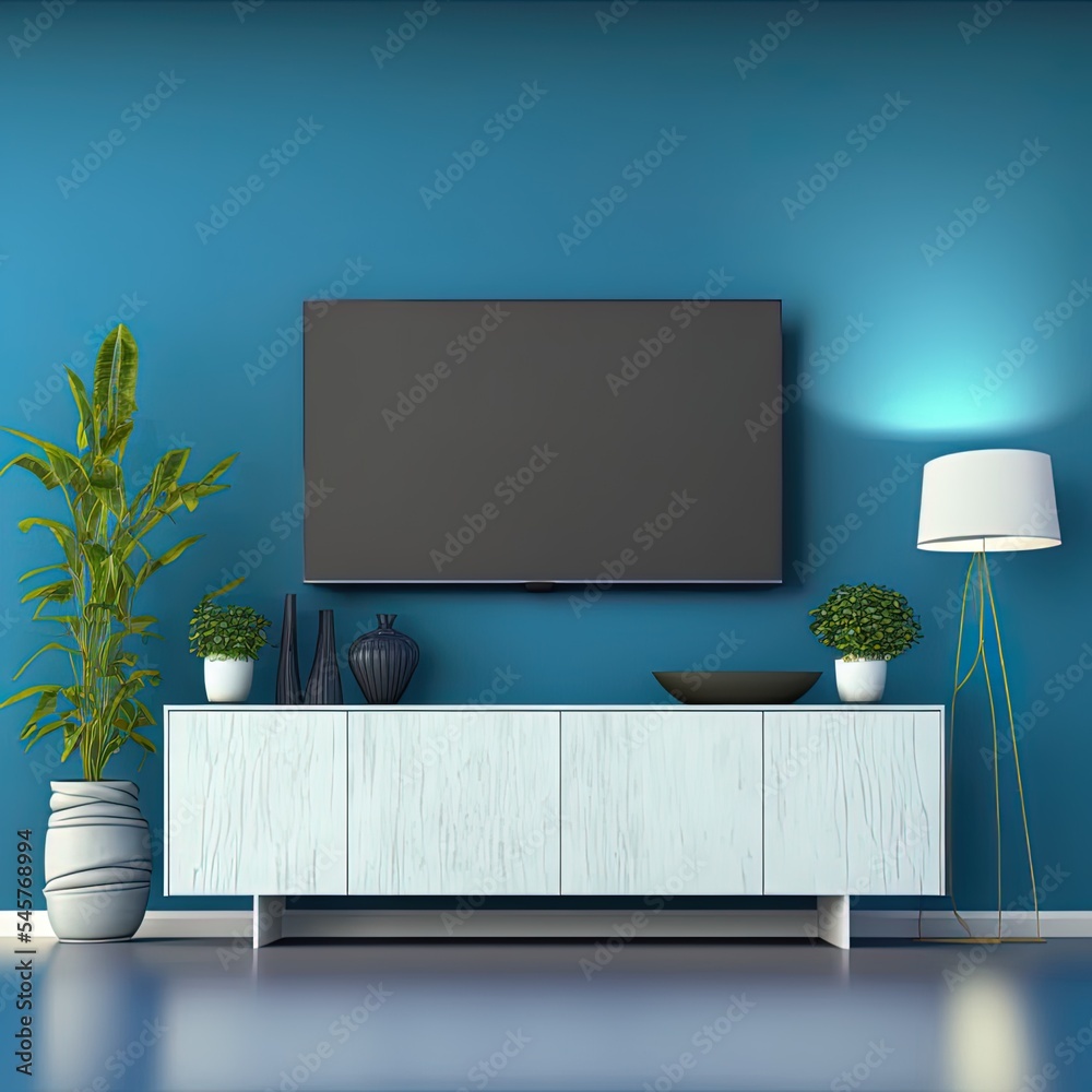 现代客厅橱柜上的电视在蓝色墙壁背景上有植物和书籍，3d渲染