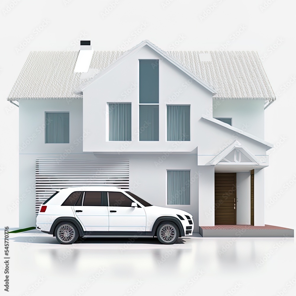 白色背景上的白色汽车隔离的房屋三维插图。