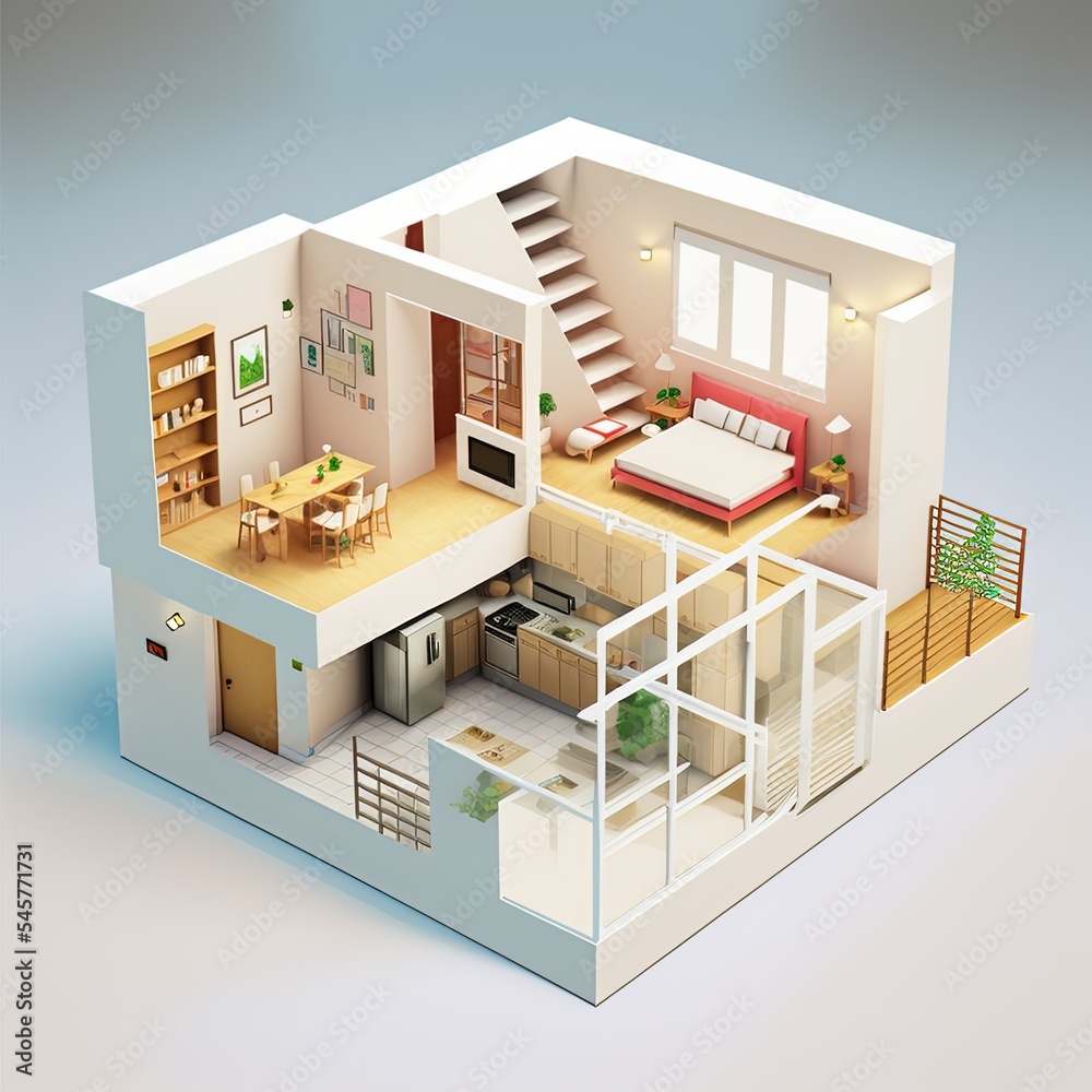斜空纸模型家庭公寓房间、浴室、卧室、厨房的三维室内效果图，